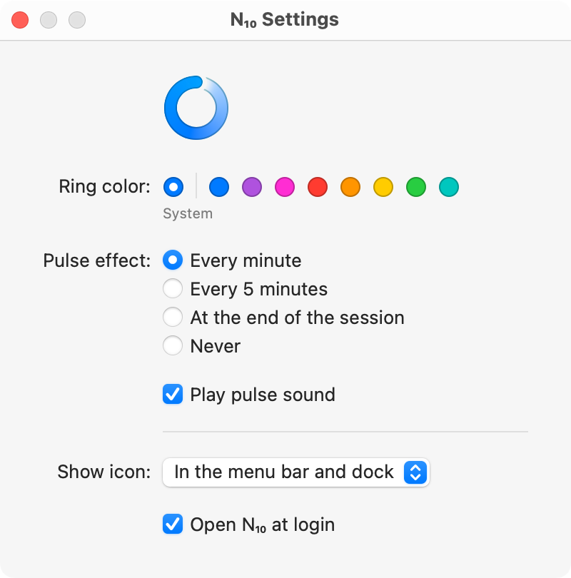 Screenshot of the N10 Settings window. At the top is a large preview of the progress ring. Below, a row of nine colored radio buttons lets you choose the color of the progress ring and pulse effect. Another set of radio buttons allows you to choose how often the pulse effect appears. A checkbox lets you turn off the pulse sound. Below these options is a horizontal divider. A drop-down control lets you choose where the N10 icon appears. Finally, a checkbox lets you choose whether to open N10 automatically when you log in.